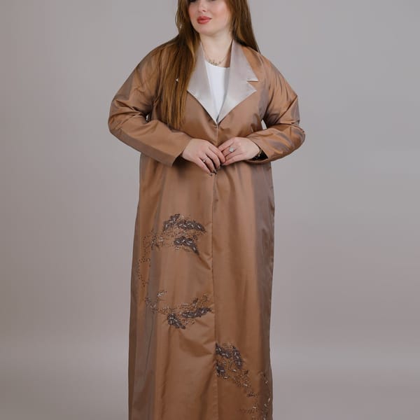 Brown Taffeta Embroidered Abaya With lapel Collar