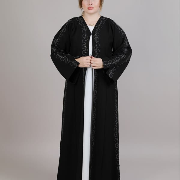 Black Crepe Embroidered Abaya With Split Cuffs