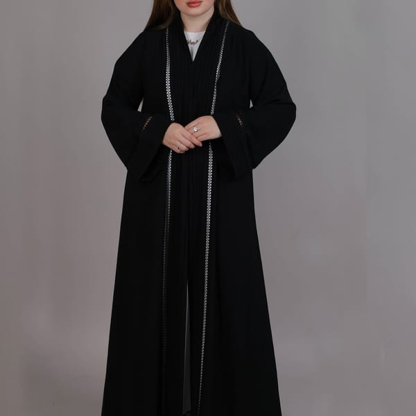 Black Korean Nida with Lace & Plated Combination Abaya