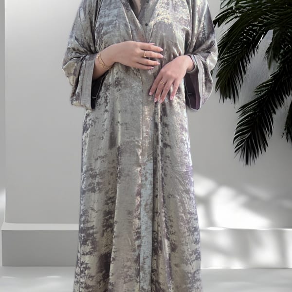 Front Open Double Shade Olive Grey Silk Abaya
