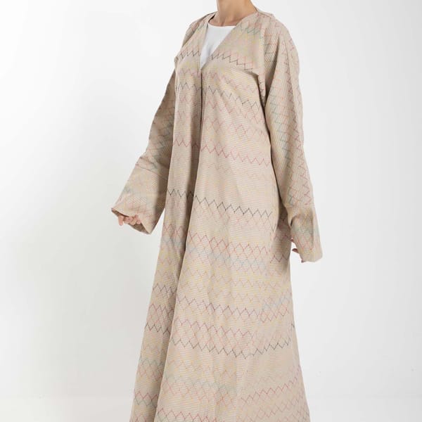 Front Open Multicolor Thread Linen Beige Abaya