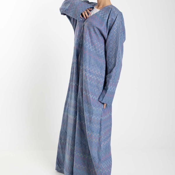 Front Open Multicolor Thread Linen Blue Abaya