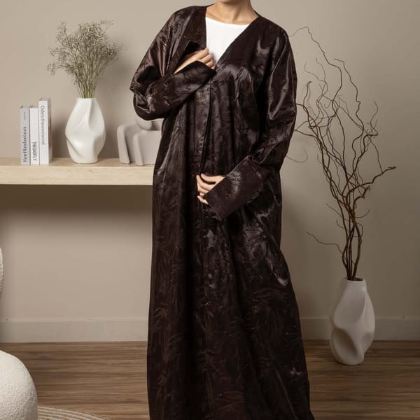 Front Open Brown Jacquard Abaya