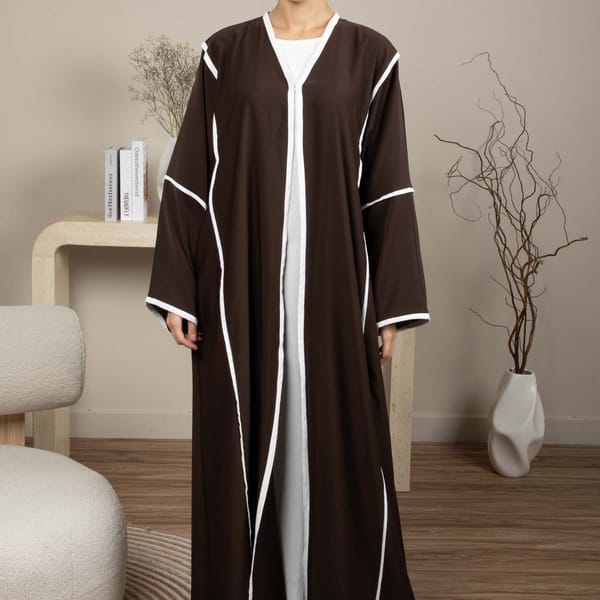 Elegant Front Open Brown Nida Abaya with White Contrast Piping