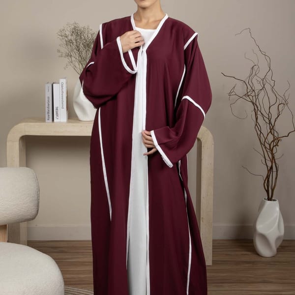 Elegant Front Open Maroon Nida Abaya with White Contrast Piping