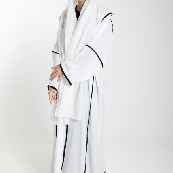 Elegant Front Open White Nida Abaya with Black Contrast Piping