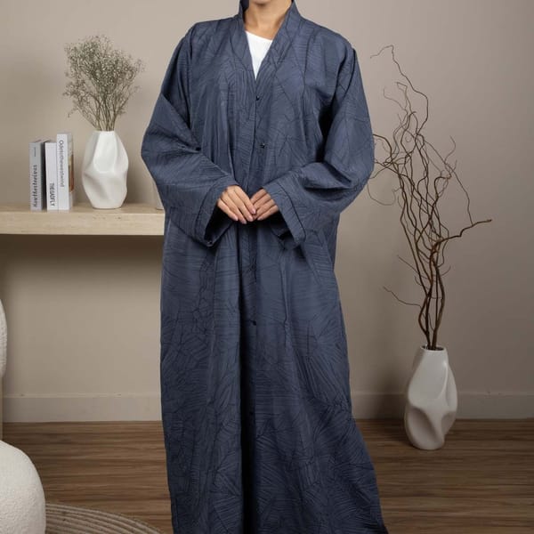 Dark Blue Grey Jacquard Abaya With Black Crushed Lines