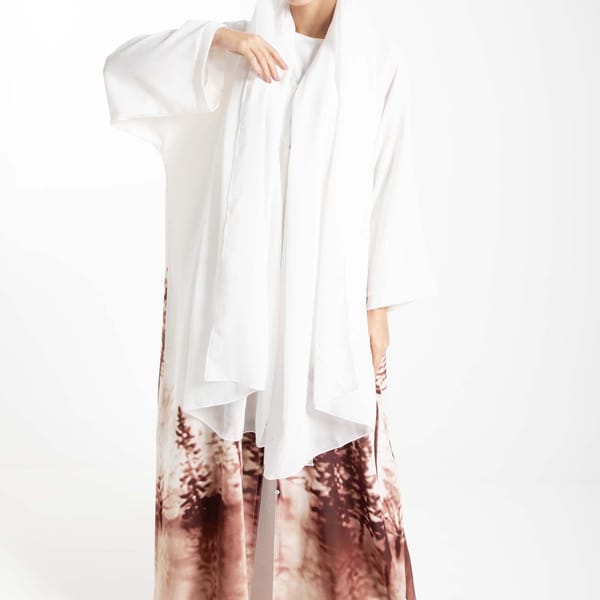 Self-Printed Abaya in White and Brown with Tree Shades