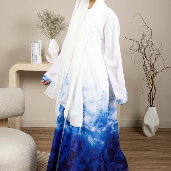 Linen Fabric Abaya with White and Blue Shades with Headscarf
