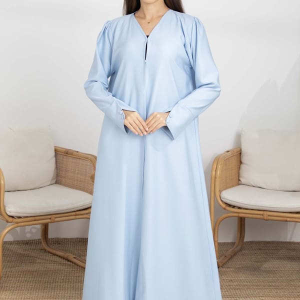 Sky Blue Barbie Crepe Abaya with Open Cuffs and Matching Fabric Buttons
