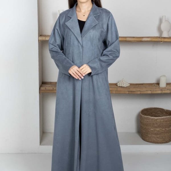 Grey Suede Lapel Collar Abaya - Soft, Elegant, and Perfect for Winter