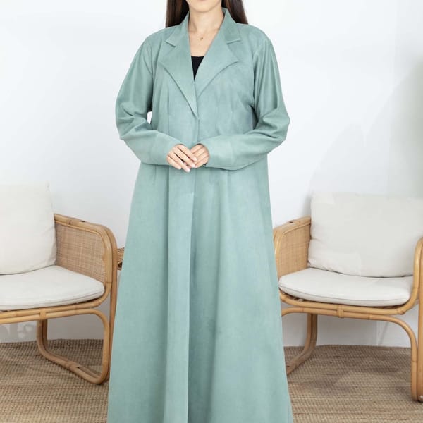 Green Suede Lapel Collar Abaya - Soft, Elegant, and Perfect for Winter