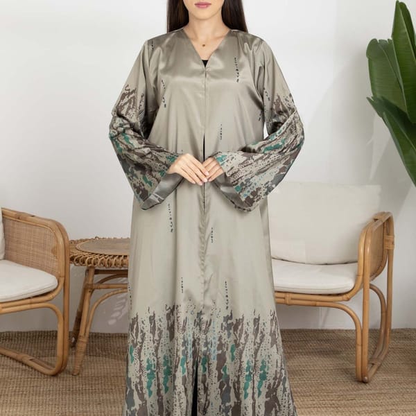 Brown Taffeta Printed Open Abaya - Effortless Elegance