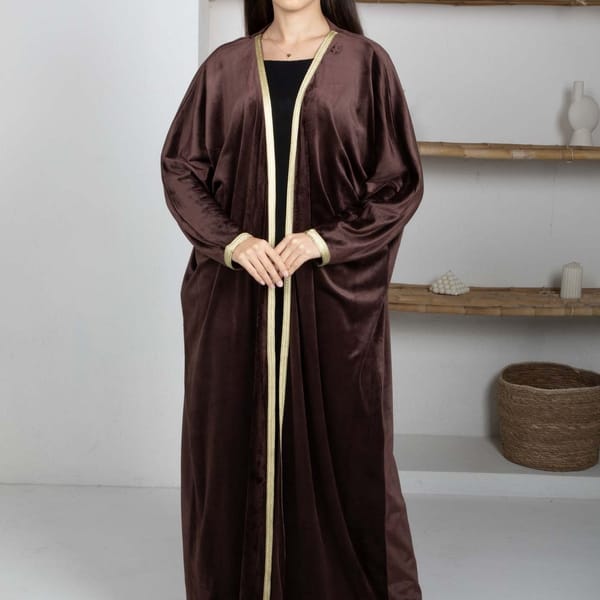 Brown Velvet Abaya with Golden Lace Borders & Matching Headscarf - Perfect for Winter