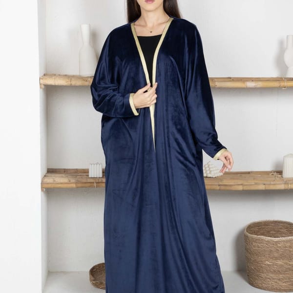 Navy Velvet Abaya with Golden Lace Borders & Matching Headscarf - Perfect for Winter