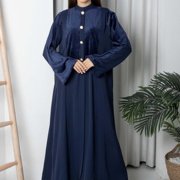 Navy Round Neck Nida and Velvet Abaya with Front Button Detailing