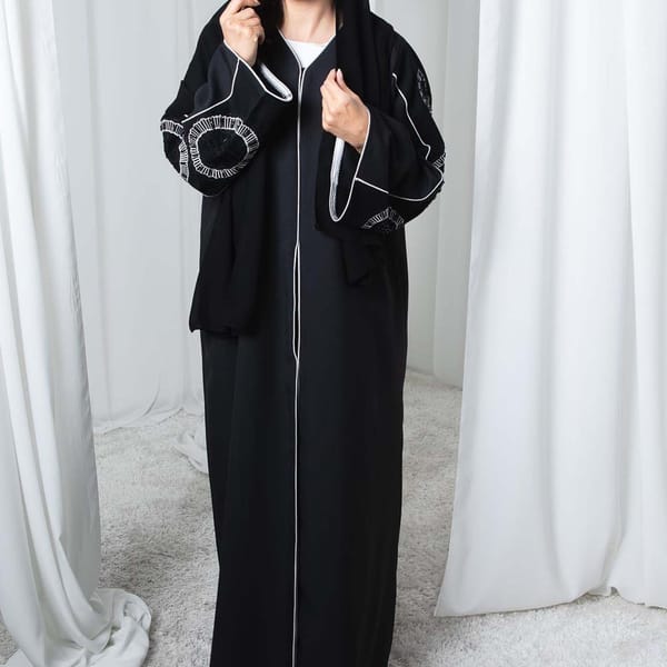 Black Phua Fabric Abaya with Thread Work Embroidery and Headscarf