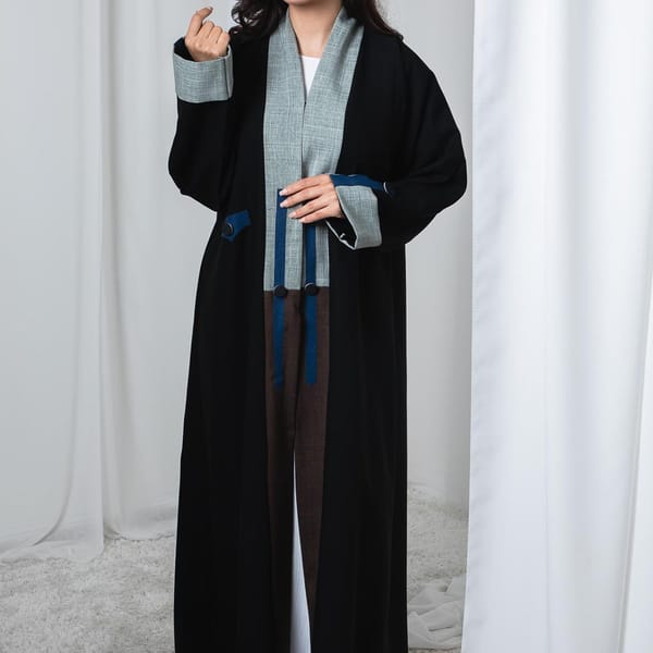 Black Abaya with Green, Blue and Brown Contrast Cuffs and Sheila