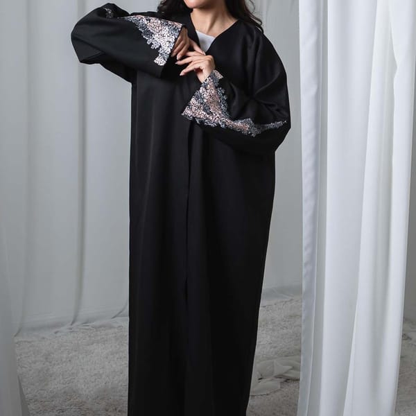 Black Barbie Crepe Abaya with Contrast Thread Work on Sleeves with Sheila