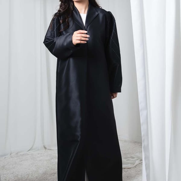 Black Victoria Satin Abaya with Puff Shoulders and Threadwork