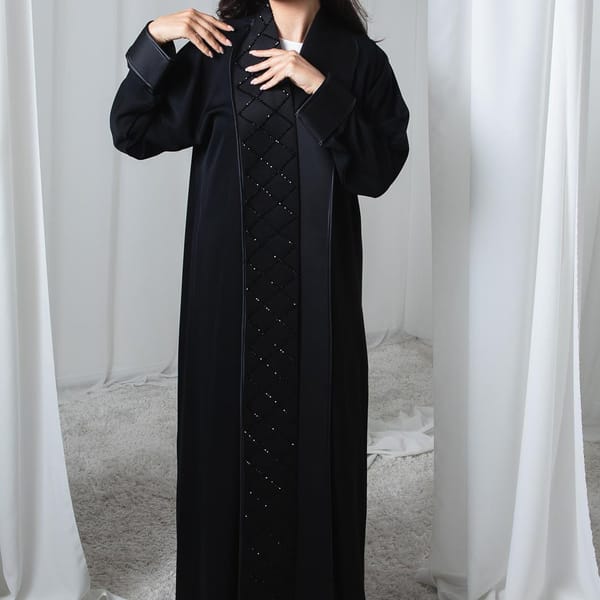 Multi-Fabric Abaya with Front Panel Embroidery and Sheila