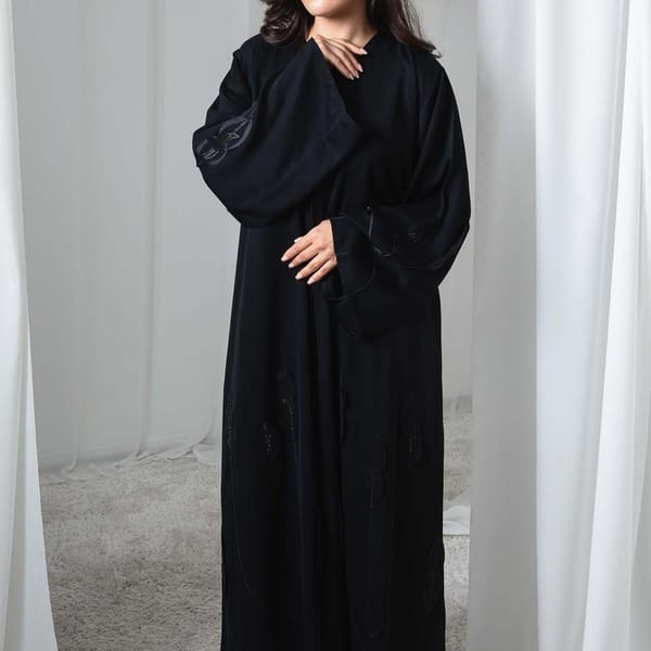 Embroidered Black Nida Abaya with Leaf Laser Cut Style and Sheila
