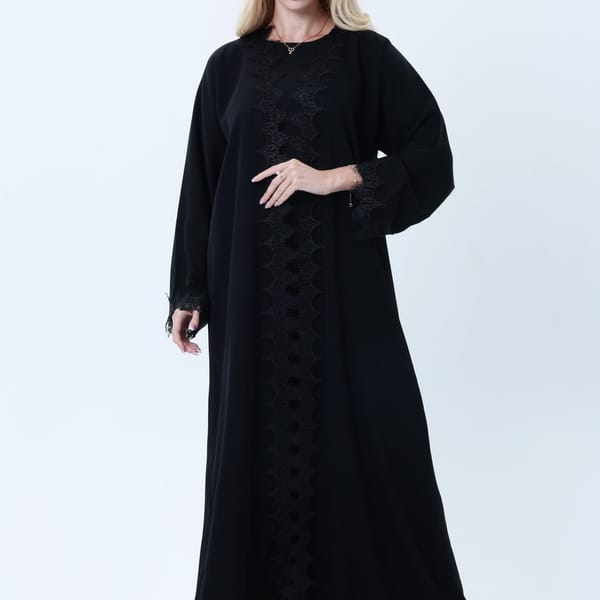 3-Piece Black Abaya Set with Intricate Lace Detailing & Matching Headscarf