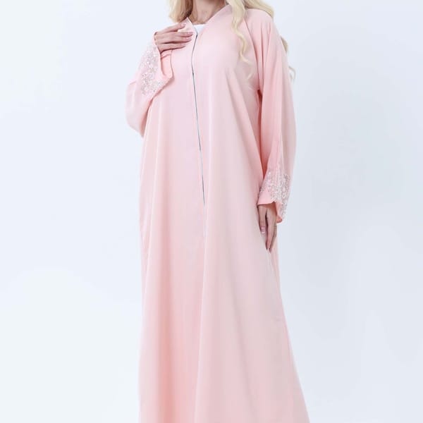 Pink Abaya with Ornate Silver Sequined Sleeve Embellishments