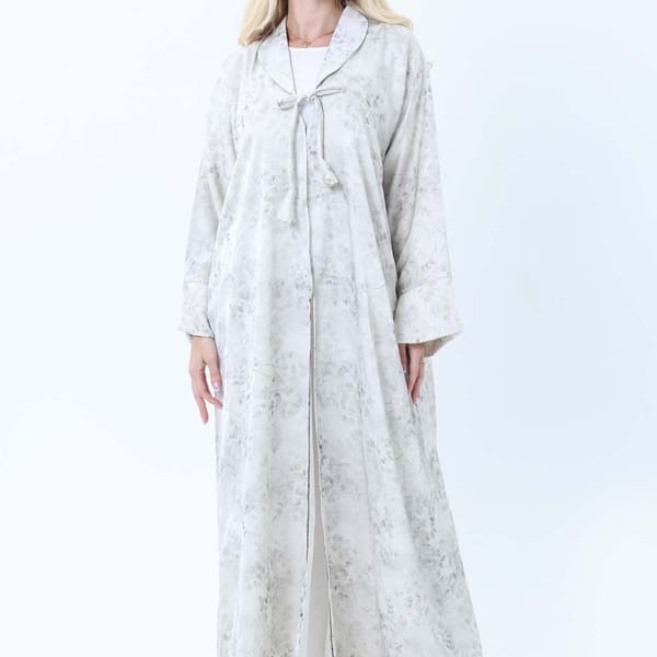 Premium Floral Print Abaya with Collar Detail - Elegant Cream & Gray with Headscarf