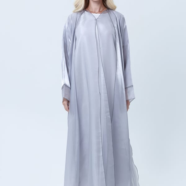 3 Piece Grey Organza Abaya Set