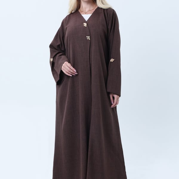 Brown Melange Abaya with Decorative Buttons and Matching Headscarf