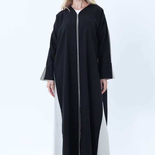 Two-Tone Colorblock Melange Abaya with Contrast Piping and Slit Sleeves comes with Headscarf