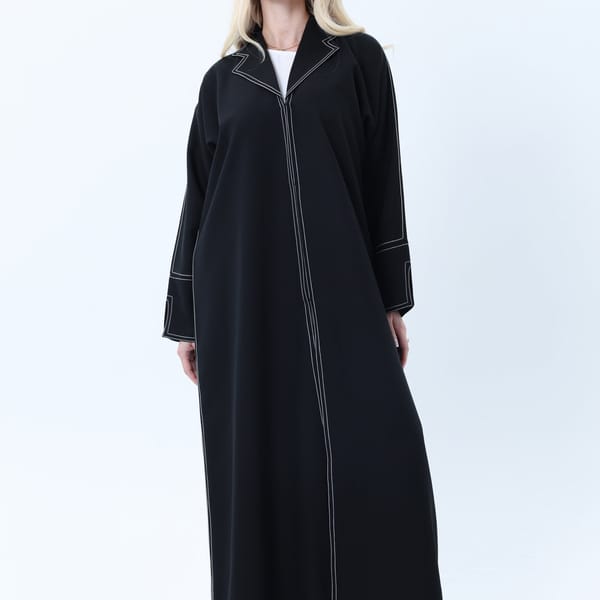 Professional Black Abaya with White Contrast Stitching, Slit Sleeves and Matching Headscarf
