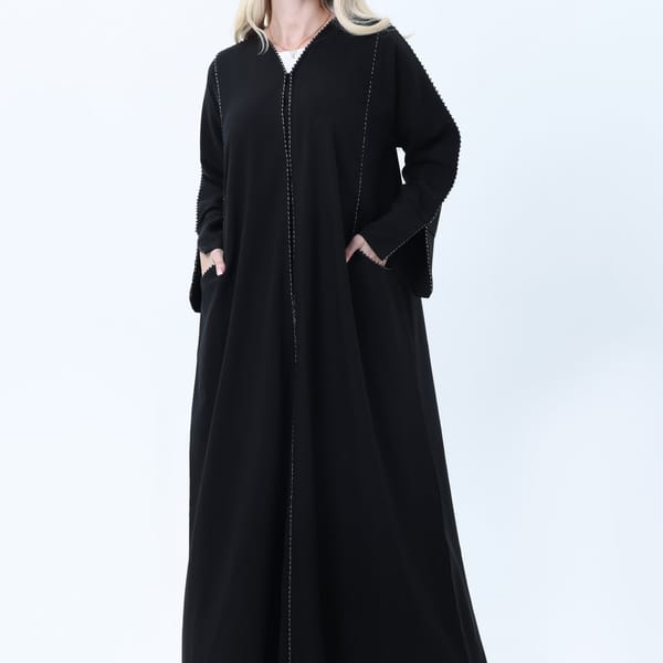 Black Phua Fabric Abaya with Lace Trim, Silver Detailing & Pockets