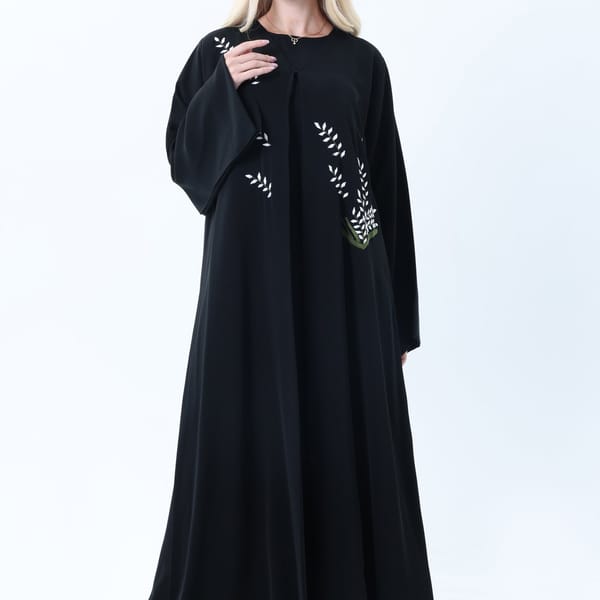 Black Nida Abaya with White Leaf Embroidery - Elegant Threadwork Design With Headscarf
