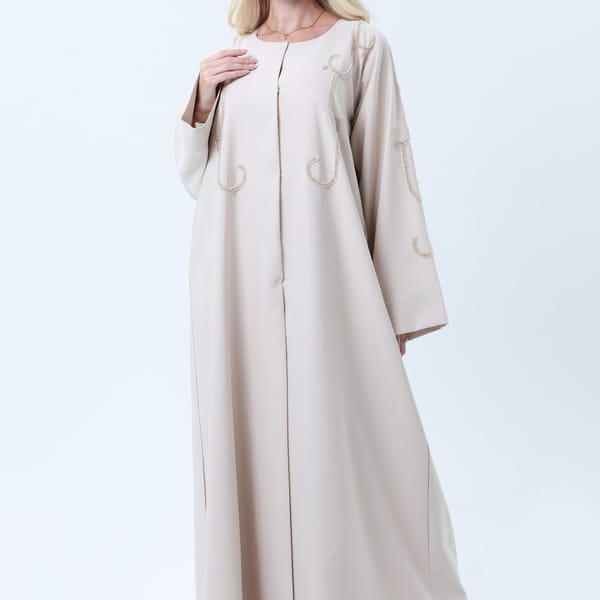 Beige Melange Hand Embroidered Abaya with Matching Headscarf