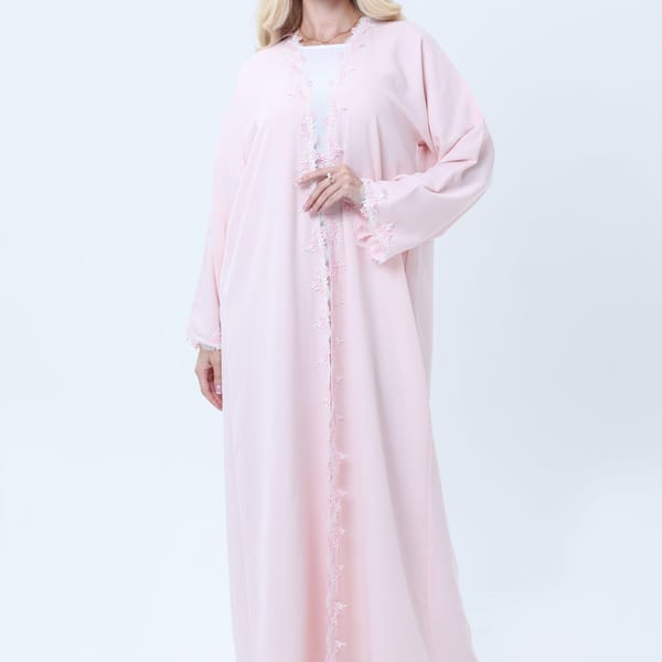 Elegant Pink Lace Abaya with Matching Sheila - Lightweight Nida