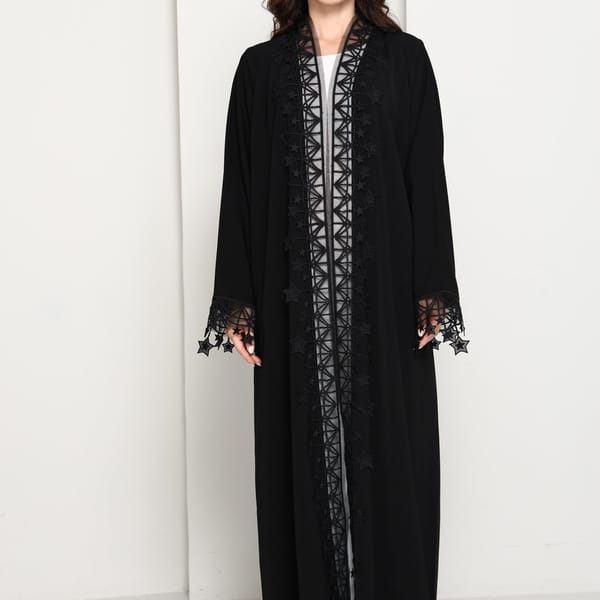 Designer Star Lace with Matching Headscarf Front Open Abaya