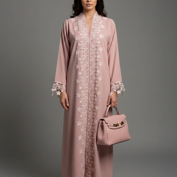 Pink Designer Star Lace with Matching Headscarf Front Open Abaya