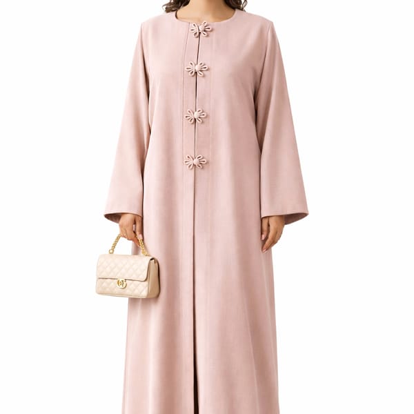 Premium Bella Linen Blend Abaya I Elegant Front Button Design I Pink Color