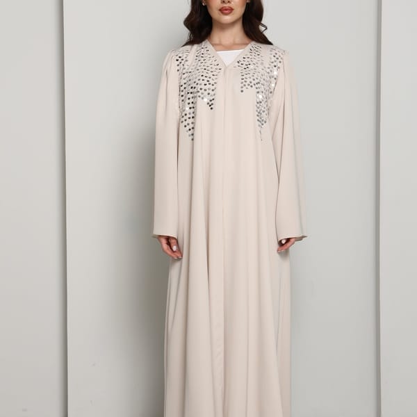 Modern Open Abaya with Silver Sequin Handwork | Premium Fabric Cream Edition
