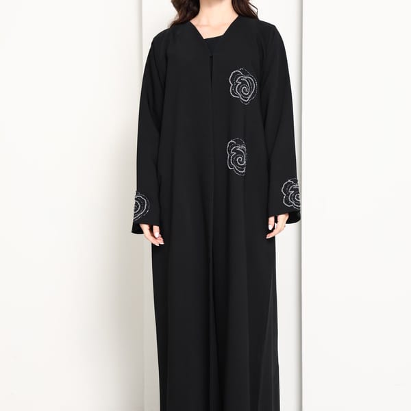 Jet Black Abaya with Hand-Placed Crystal Swirls