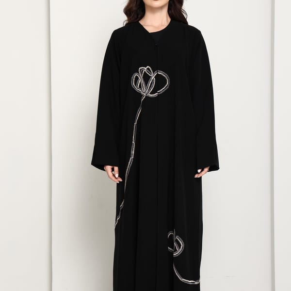 Jet Black Abaya with Asymmetrical Thread-Work