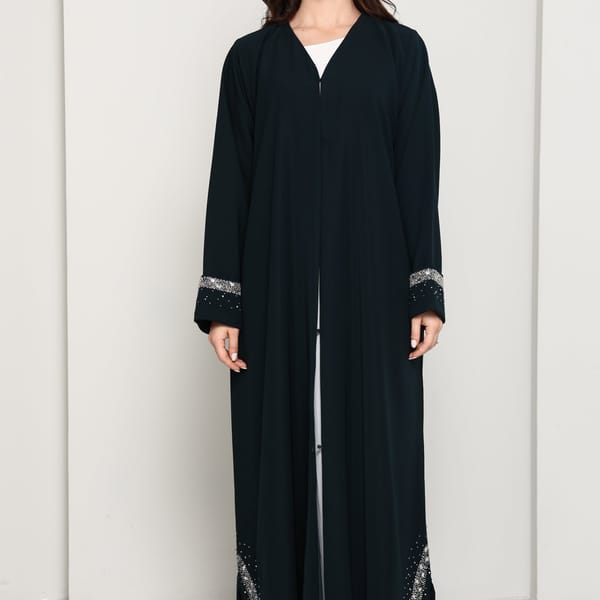 Deep Forest Green Open Front Luxury Abaya with Star Scatter Rhinestone Cuffs & Hem