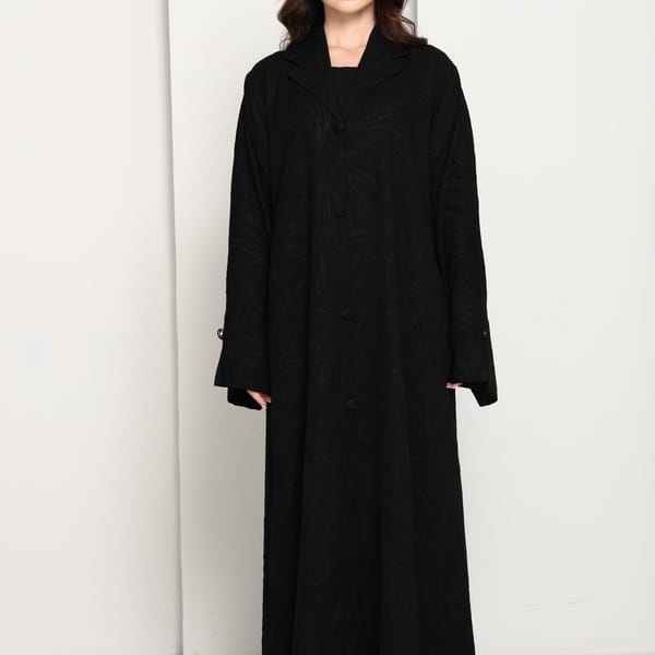 Jet Black Tonal Jacquard Open Abaya with Tailored Lapel