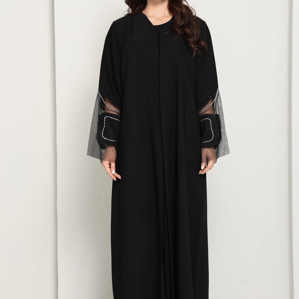 Jet Black Closed Abaya with Sheer Sleeves & Contrast Stitch Cuffs