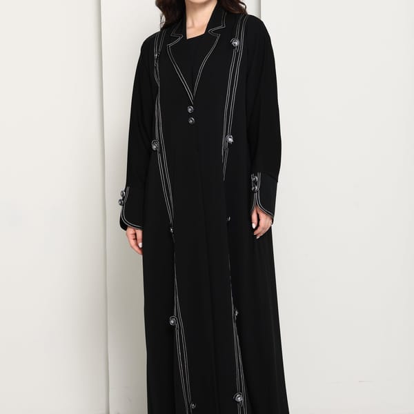 Jet Black Open Abaya with Tailored Lapel & Contrast Stitch Detailing