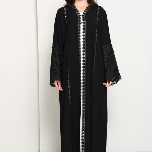 Black Open Abaya with Lace Sleeves & Front Panel
