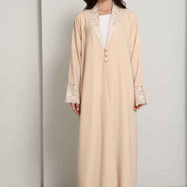 The Sandstone Sovereign - Blazer-Cut Abaya with Guipure Lace Detailing