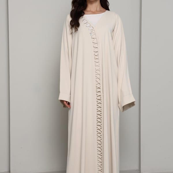 Ivory Open Abaya with Tonal Lattice Front Detailing